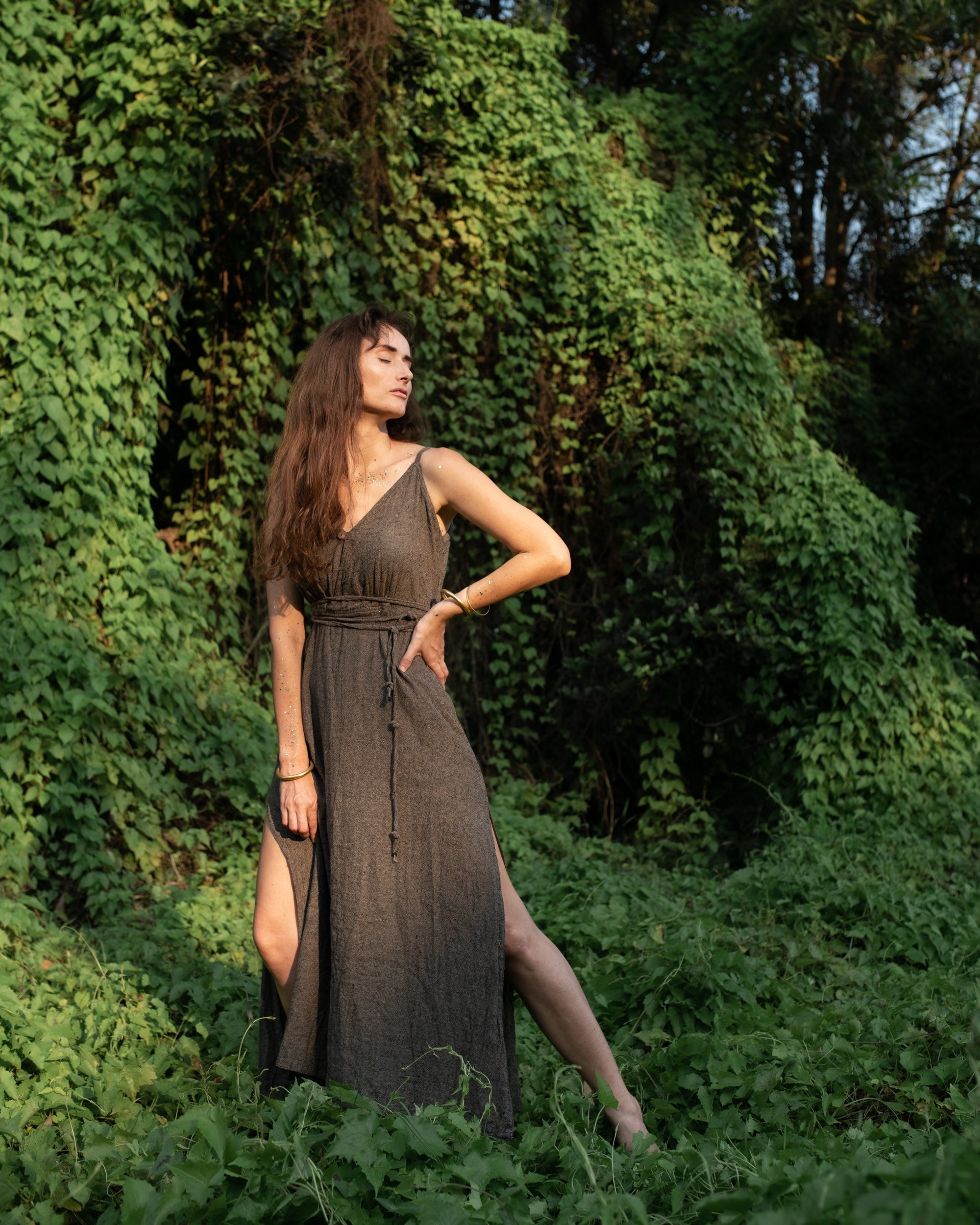 Bohemian Sleeveless Elegant Natural Fabric Raw Cotton Khadi Brown Grey Colour Comfortable Adjustable Long Ladies Dress