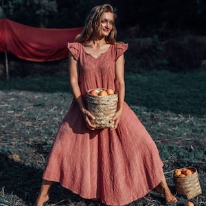 Boho Style Maxi Cute Wings Sleeves Comfy Natural Raw Cotton Khadi Sustainable Fabric Coral Red Colour Woman Long Dress with Pockets