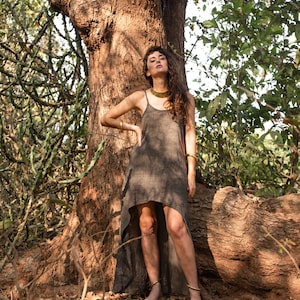 Boho Elegant Comfy  Eco Fashion Raw Cotton Natural Khadi Brown Colour Sleeveless No Size Free Fitting Assimetrical  Women Dress