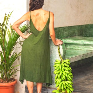 Simple and Comfy Sleeveless Natural Sustainable Raw Silk Ahimsa Green Colour Boho Style Free Size V Shape Cut Back Long Woman Dress