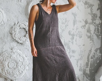 Boho Sleeveless Simple Cozy Long Elegant Brown Raw Cotton Khadi Straight Woman Dress