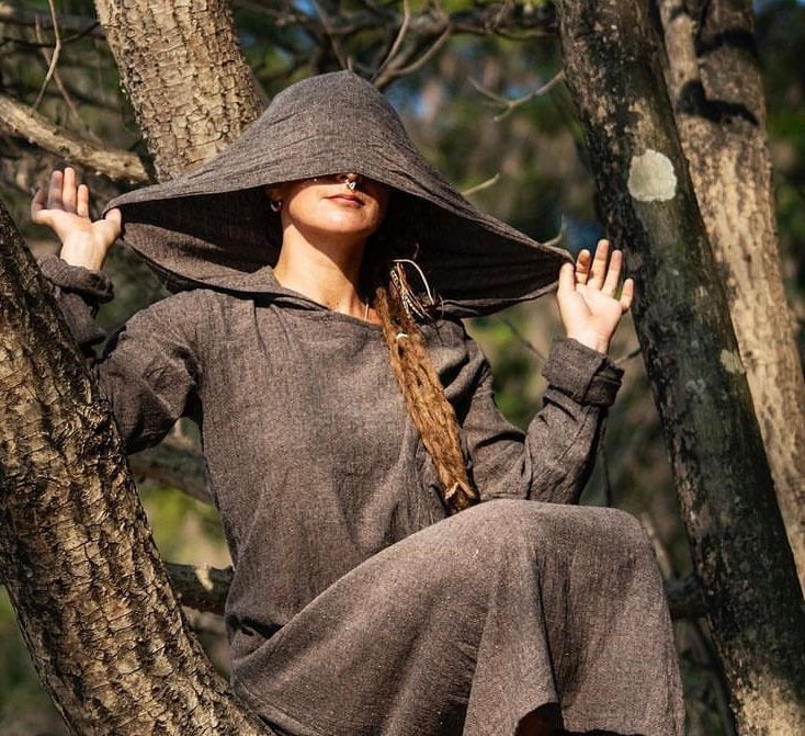 Maxi Oversized Baggy Kaftan Long Sleeves Large Hood Hippie Outfit Comfy Natural Raw Cotton Khadi Brown Colour Woman Dress