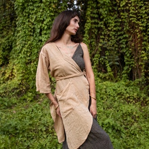 Boho Style One Shoulder Stylish Comfy Eco Fabric Sustainable Fashion Beige Colour Natural Raw Cotton Khadi Woman Jacket Dress