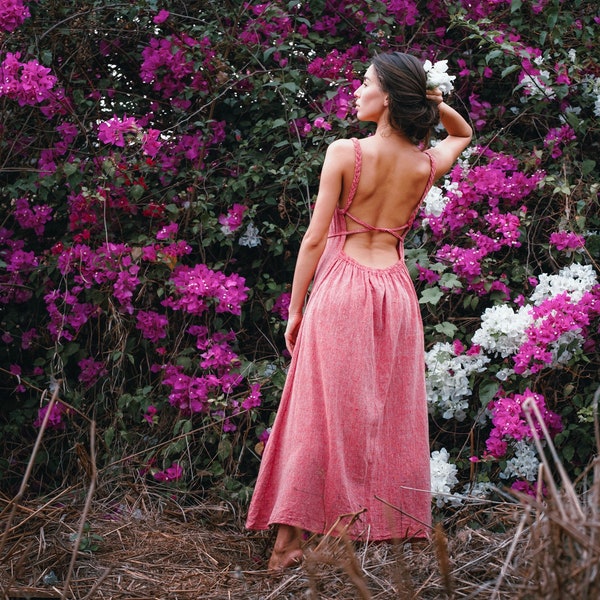 Bohemian Backless Boho Style Hippie Outfit Soft Red Pinky Colour Comfy Open Back Elegant Raw Natural Pure Cotton Khadi Long Ladies Dress