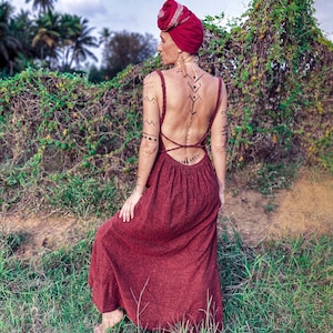 Boho Style Backless Elegant Comfy Open Back Red Colour Natural Eco Fashion Raw Cotton Khadi Long Woman Dress