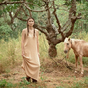 Простая удобная длинная женская Бохо бежевый хлопок Хади Сырой Платье с открытой спиной и карманами image 4