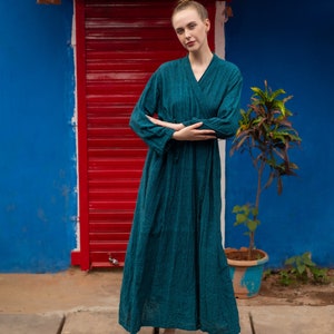 Удобная обертка Синий цвет Сырой хлопок Khadi Eco Look Длинная натуральная ткань Женское платье image 8