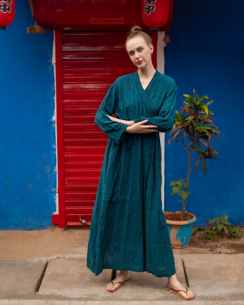 Удобная обертка Синий цвет Сырой хлопок Khadi Eco Look Длинная натуральная ткань Женское платье image 8