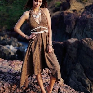 Boho Style Hippie Outfit Comfortable Backless Open Free size Earthy Brown Colour Raw Cotton Khadi Ladies Dress with Belt
