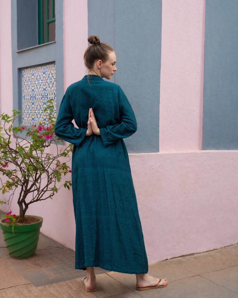 Удобная обертка Синий цвет Сырой хлопок Khadi Eco Look Длинная натуральная ткань Женское платье image 7