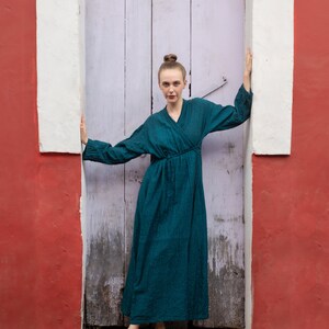 Удобная обертка Синий цвет Сырой хлопок Khadi Eco Look Длинная натуральная ткань Женское платье image 1