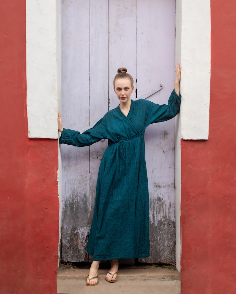 Удобная обертка Синий цвет Сырой хлопок Khadi Eco Look Длинная натуральная ткань Женское платье image 1