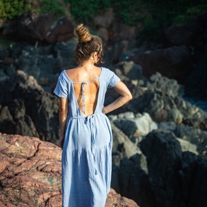 Boho Style Sky Blue Colour Comfy Backless Raw Natural Cotton Khadi Open Back Comfy Maxi Free Fitting Sustainable Long Women’s Dress