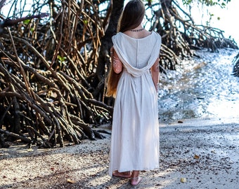 Comfy Khadi Raw Cotton Dress . Big Hood . Boho Style. Minimalist Look . Rituals and Yoga Clothing . White Colour . Wedding Woman Dress