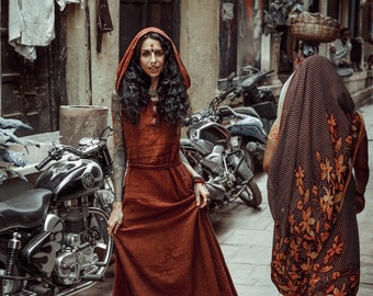 Boho Style Comfy Maxi Sleeveless Large Hood Red Colour Natural Raw Cotton Khadi Sustainable Long Woman Dress With Pockets