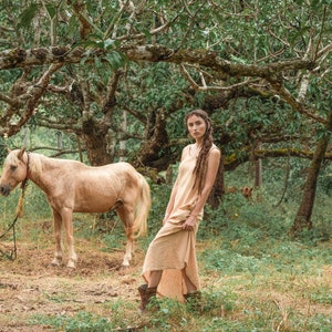 Простая удобная длинная женская Бохо бежевый хлопок Хади Сырой Платье с открытой спиной и карманами image 5