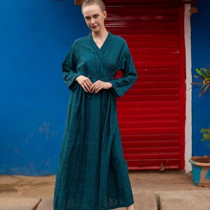 Удобная обертка Синий цвет Сырой хлопок Khadi Eco Look Длинная натуральная ткань Женское платье image 2