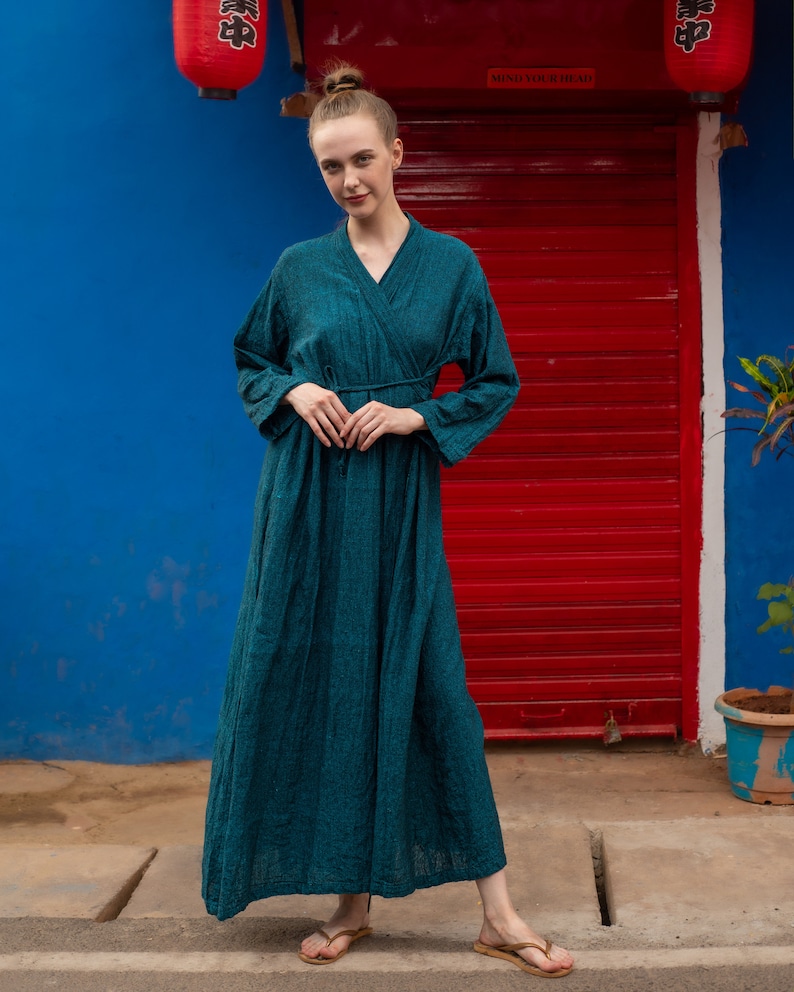 Удобная обертка Синий цвет Сырой хлопок Khadi Eco Look Длинная натуральная ткань Женское платье image 2