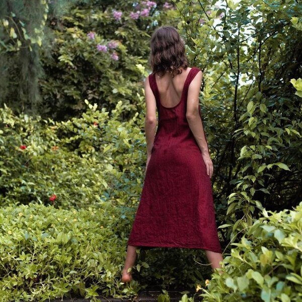 Простой длинный рукав, прямое сырое хлопковое женское платье Khadi красного цвета с карманами