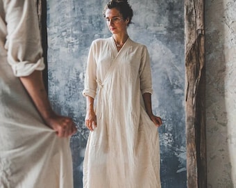 Sustainable Eco Clothing Boho Style Kimono White Colour Natural Comfy Long Sleeves Raw Cotton Khadi Free Size Long Woman Dress