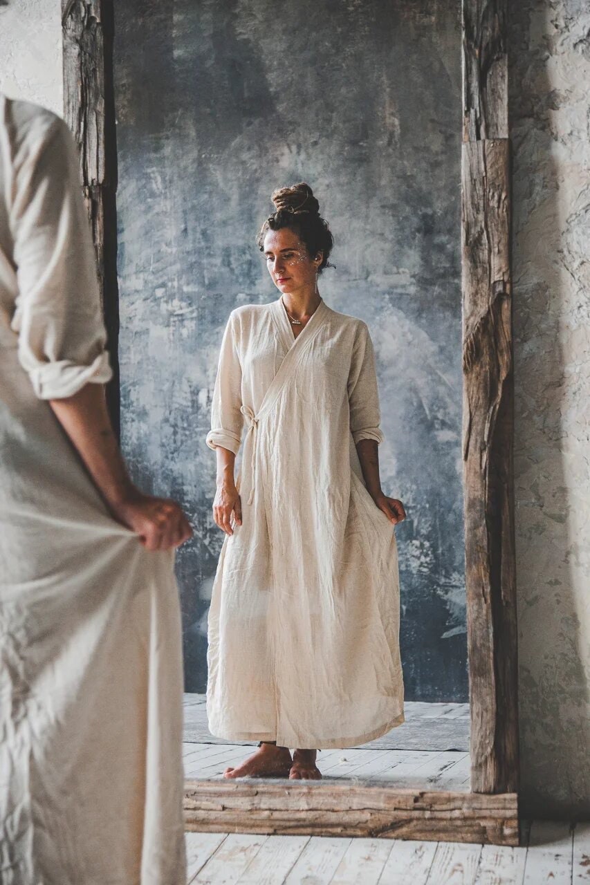 Sustainable Eco Clothing Boho Style Kimono White Colour Natural Comfy Long Sleeves Raw Cotton Khadi Free Size Long Woman Dress
