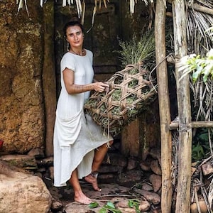 Simple Sustainable Clothing Comfy Boho Style Free Size Eco Raw Cotton Khadi White Natural Colour with Big Pocket Woman Dress