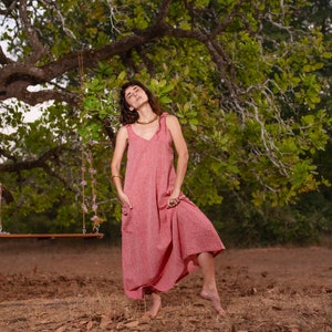 Maxi Boho Style Simple Comfy Elegant Long  Sleeveless Soft Red Pink Coral Colour Raw Natural Cotton Khadi Woman Dress