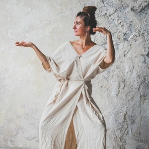 Kimono Boho Style Maxi White Colour Natural Raw Silk Ahimsa Wrapping Cozy Long Free Fitting Woman Dress