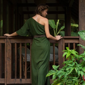 Bohemian Elegant Ethnic Boho outfit One Shoulder Comfy Natural Raw Silk Ahimsa Long Beautiful Green Colour Ladies Dress