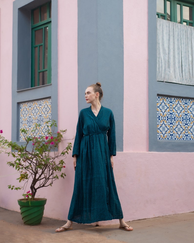 Удобная обертка Синий цвет Сырой хлопок Khadi Eco Look Длинная натуральная ткань Женское платье image 6