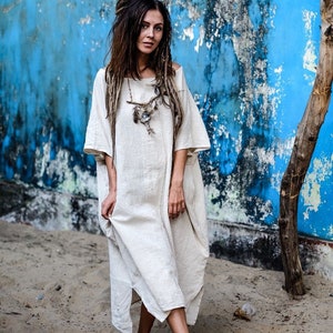 Simple Rob  Shamanic Caftan Zen Comfy Wide Long Free Boho Hippie White Colour Woman Raw Organic Cotton Khadi Dress with Pockets