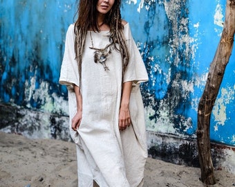 Simple Rob  Shamanic Caftan Zen Comfy Wide Long Free Boho Hippie White Colour Woman Raw Organic Cotton Khadi Dress with Pockets