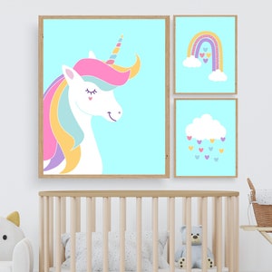 Unicorn Print Set Of 3, Nursery Decor, Rainbow Prints, Rainbow Unicorn, Nursery Wall Art, Kids Wall Art, Unicorn Poster, Digital Download