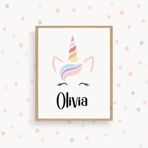 Personalized Unicorn Printable, Unicorn Name Print, Rainbow Unicorn Nursery Wall Decor, Baby Girl Gift