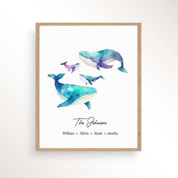 Personalized Family Print, Custom Whale Print, Watercolor Whale Print, Family Gift, Custom Family Art, Personalized Whale Poster, nautical