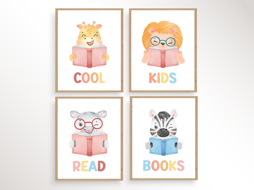 Reading Corner Poster, Playroom Reading Art, Animals Reading Books Prints, Reading Wall Art