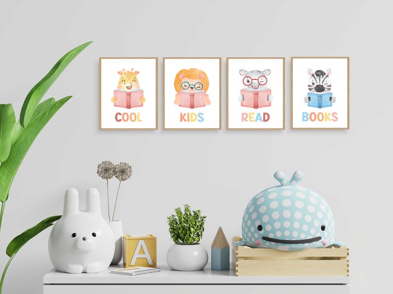 Reading Corner Poster, Playroom Reading Art, Animals Reading Books