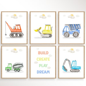 Watercolor Construction Prints, Construction Trucks Prints, Construction Nursery Decor, Boy Room Wall Art, Playroom Truck Vehicles Posters