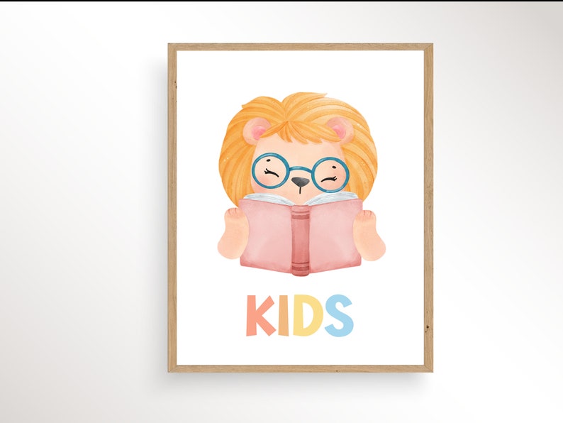 Reading Corner Poster, Playroom Reading Art, Animals Reading Books