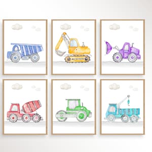 Kids Construction Truck Prints Set 6, Construction Gift, Truck Playroom Theme, Kids Room Art, Boy Room Decor, Playroom Construction Decor
