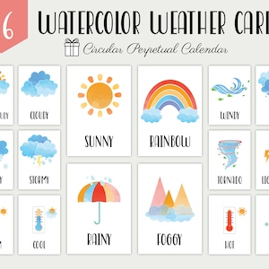 Cartões meteorológicos, conjunto de 16 cartões meteorológicos, cartões meteorológicos em aquarela, atividades meteorológicas para crianças para impressão, atividades de jardim de infância, Montessori.