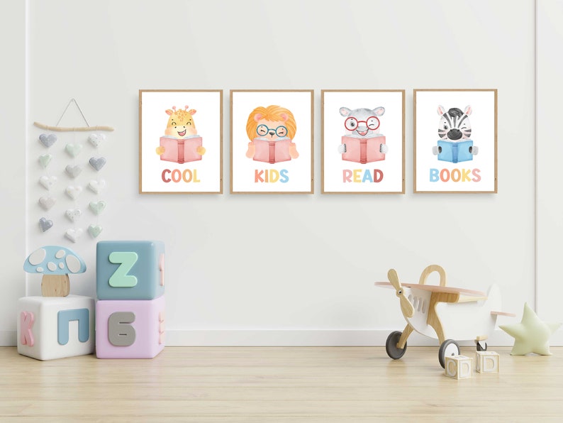 Reading Corner Poster, Playroom Reading Art, Animals Reading Books
