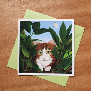 Adorable giclee print of a kitten in a garden. Small format art print of a cute cat to decorate the home or to offer.