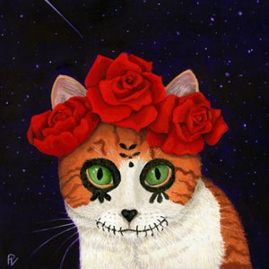 Peinture d'un chat déguisé en La Catrina pour la décoration de la  maison. Tableau fait entièrement à la main par une artiste.