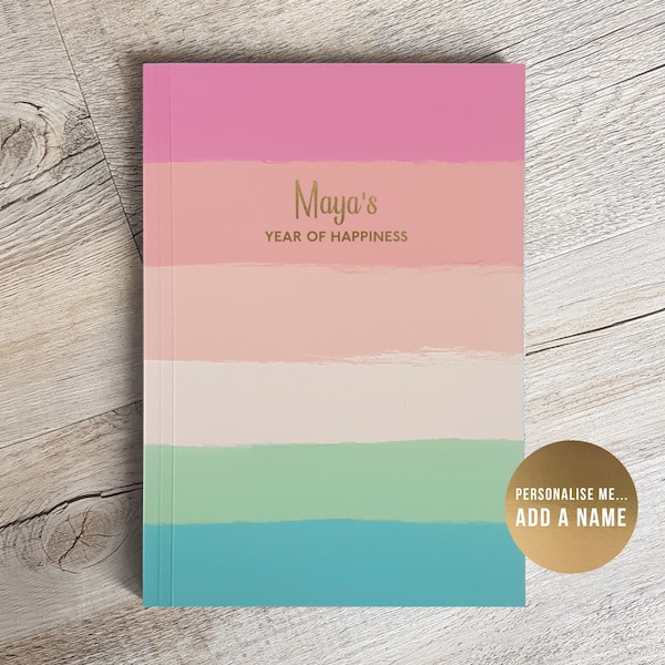 Personalised "Year of Happiness" Journal | Day to Page | Mindful & Wellbeing | Rainbow Stripe | Gift for Her