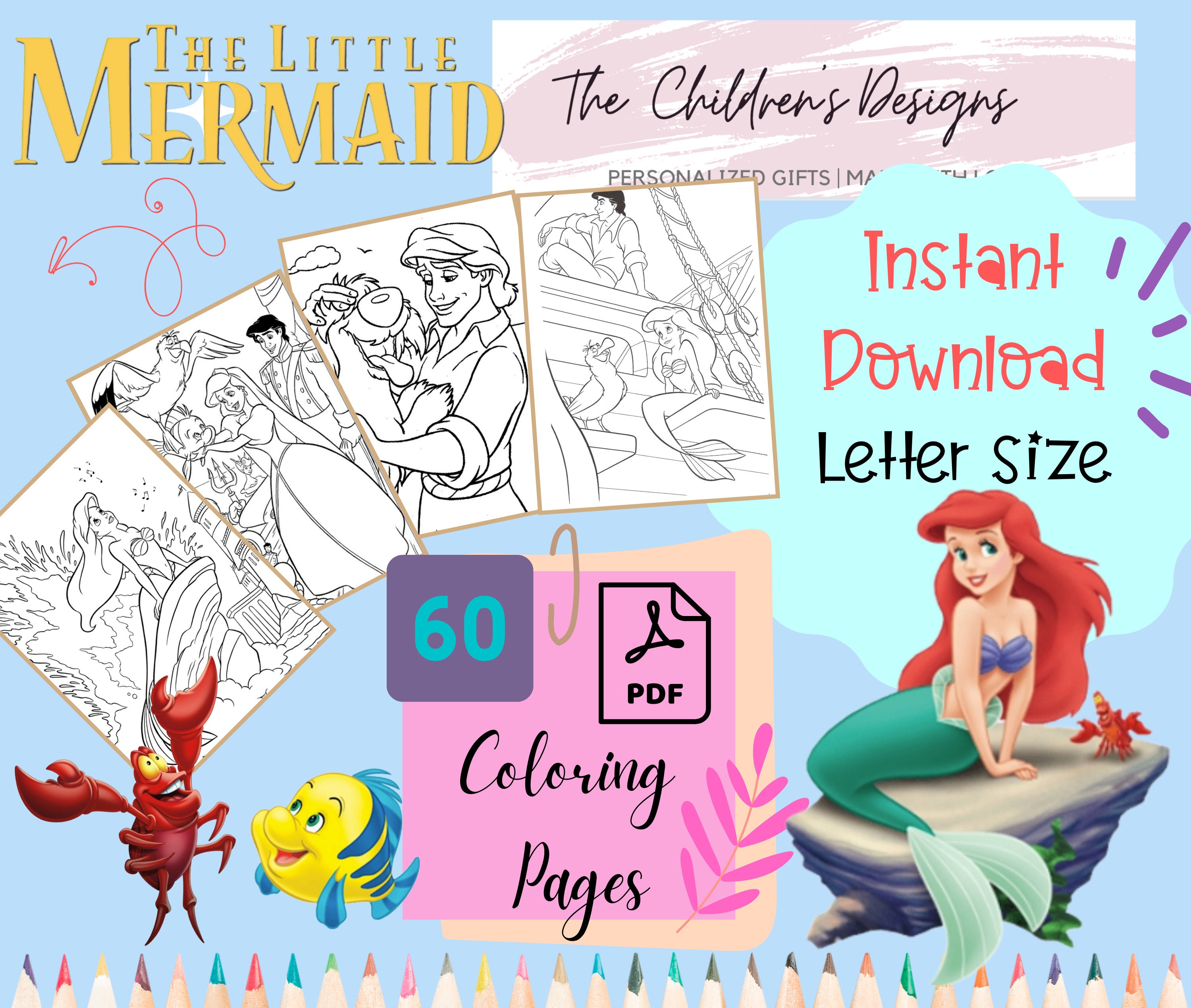 The Little Mermaid Coloring Pages Instant Download 60 PDF Pages - Etsy