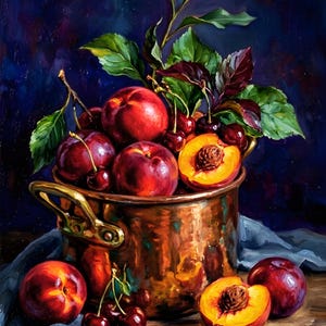 Stillebentryck av fruktkruka, stämningsfull kökskonst, oljemålning med persika och körsbär (digital nedladdning)