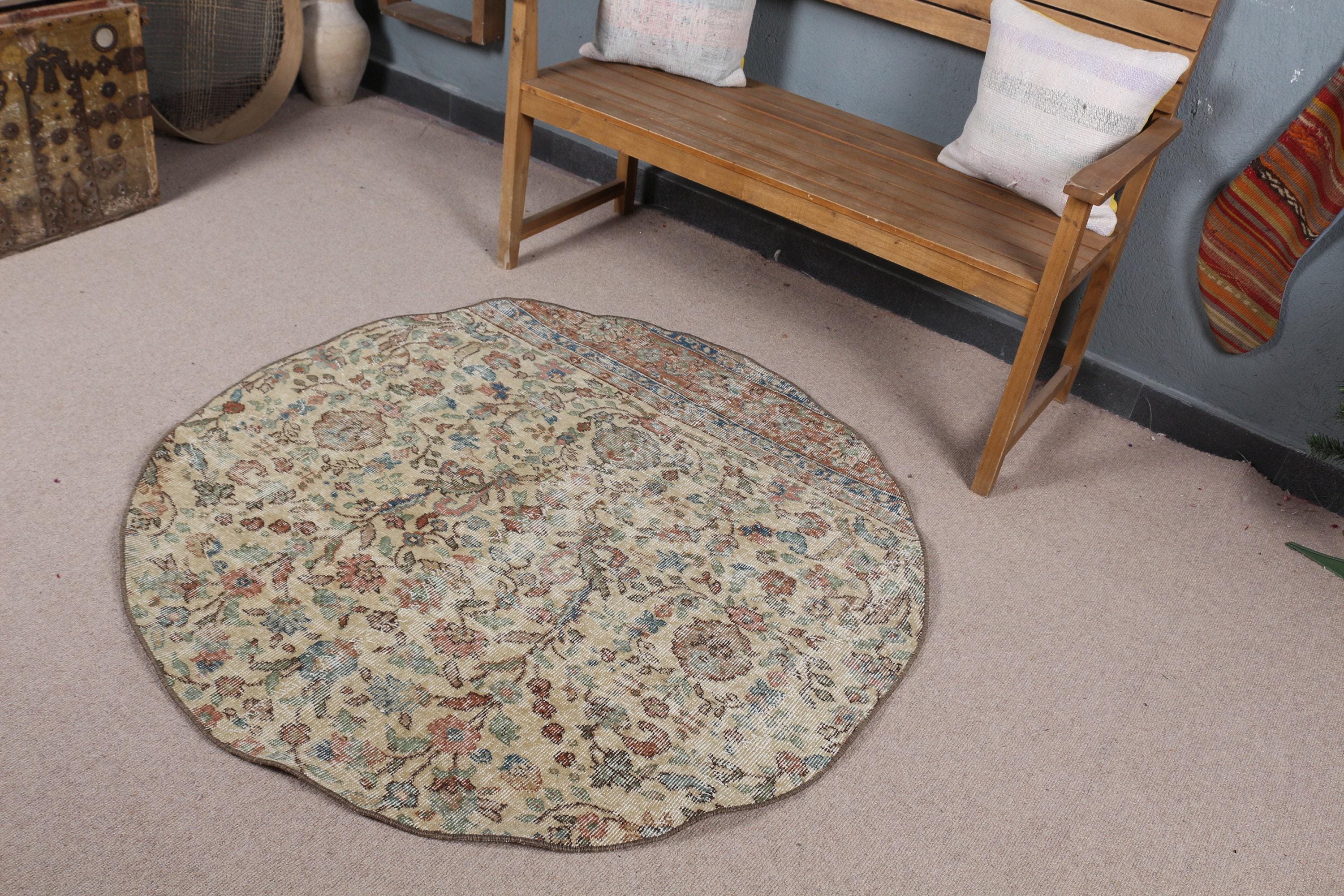 Vintage Round Turkish Accent Rug, 4x4ft, Floral Pattern, Soft