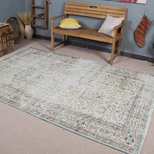 Vintage Turkish Rug Beige 5x8 ft, Distressed Wool Carpet, Ethnic Farmhouse Decor, Faded Oushak Style, Antique Area Rug, Cute Organic Decor