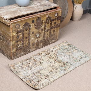 Vintage Rug, Turkish Rug, Small Rugs, Faded Oushak Rug, Rugs For Bathroom, 1.6x3.3 ft Beige Rug, Wool Entry Rugs, Small Boho Rug,  4122